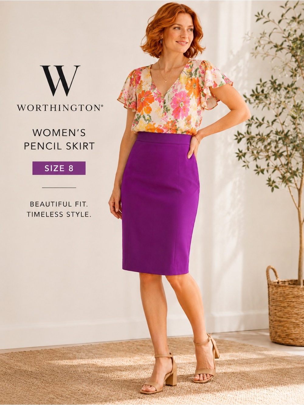 Worthington Purple Pencil Skirt Size 8 Stretch Career Office Midi Skirt